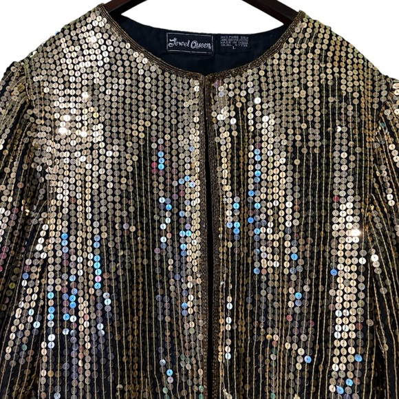 Vintage Jewel Queen Beaded Sequin Gold & Black Open Front Jacket Silk Large - Picture 5 of 13